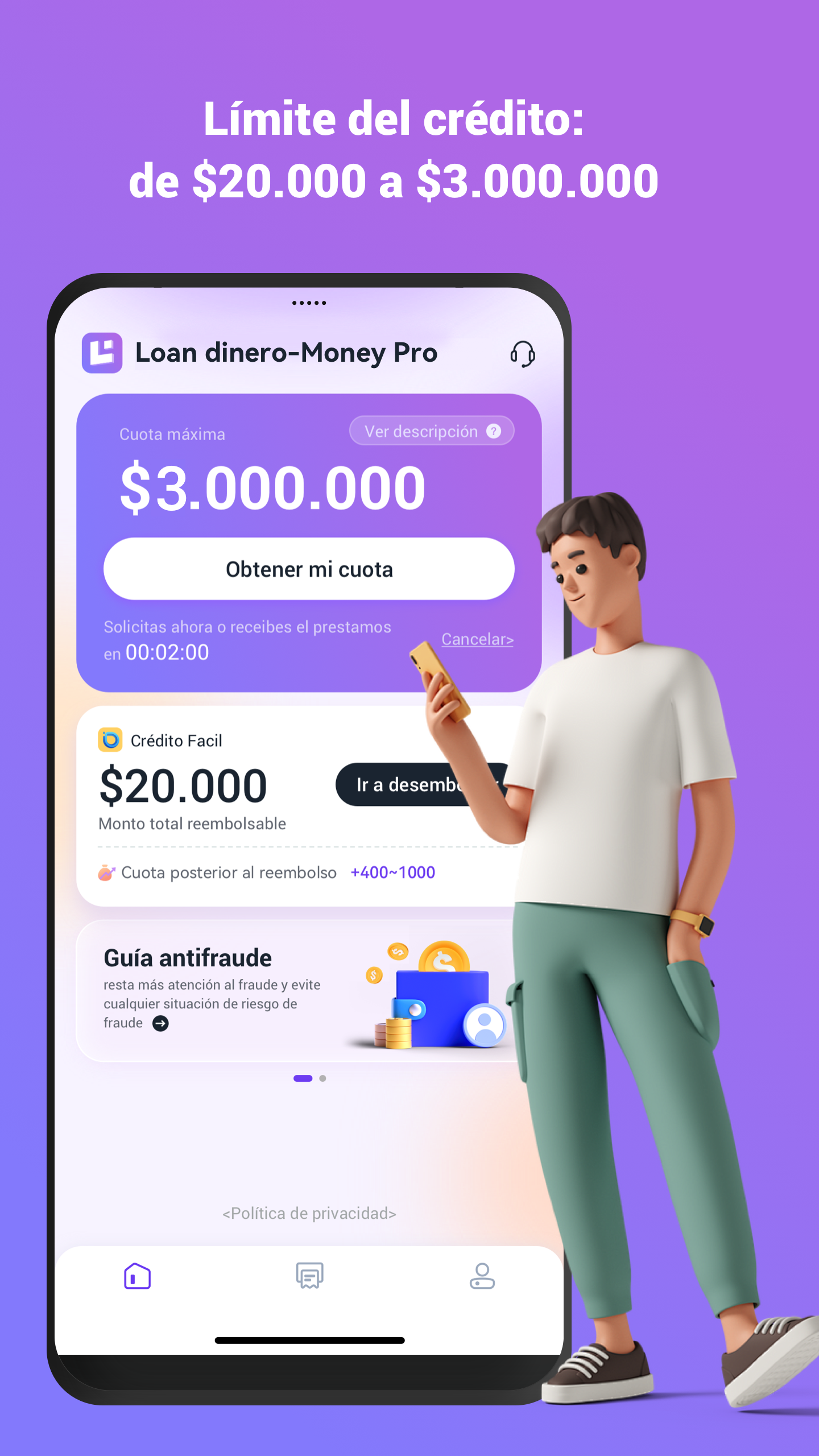 Loan dinero-Money Pro home screen with credit limit and Crédito Facil