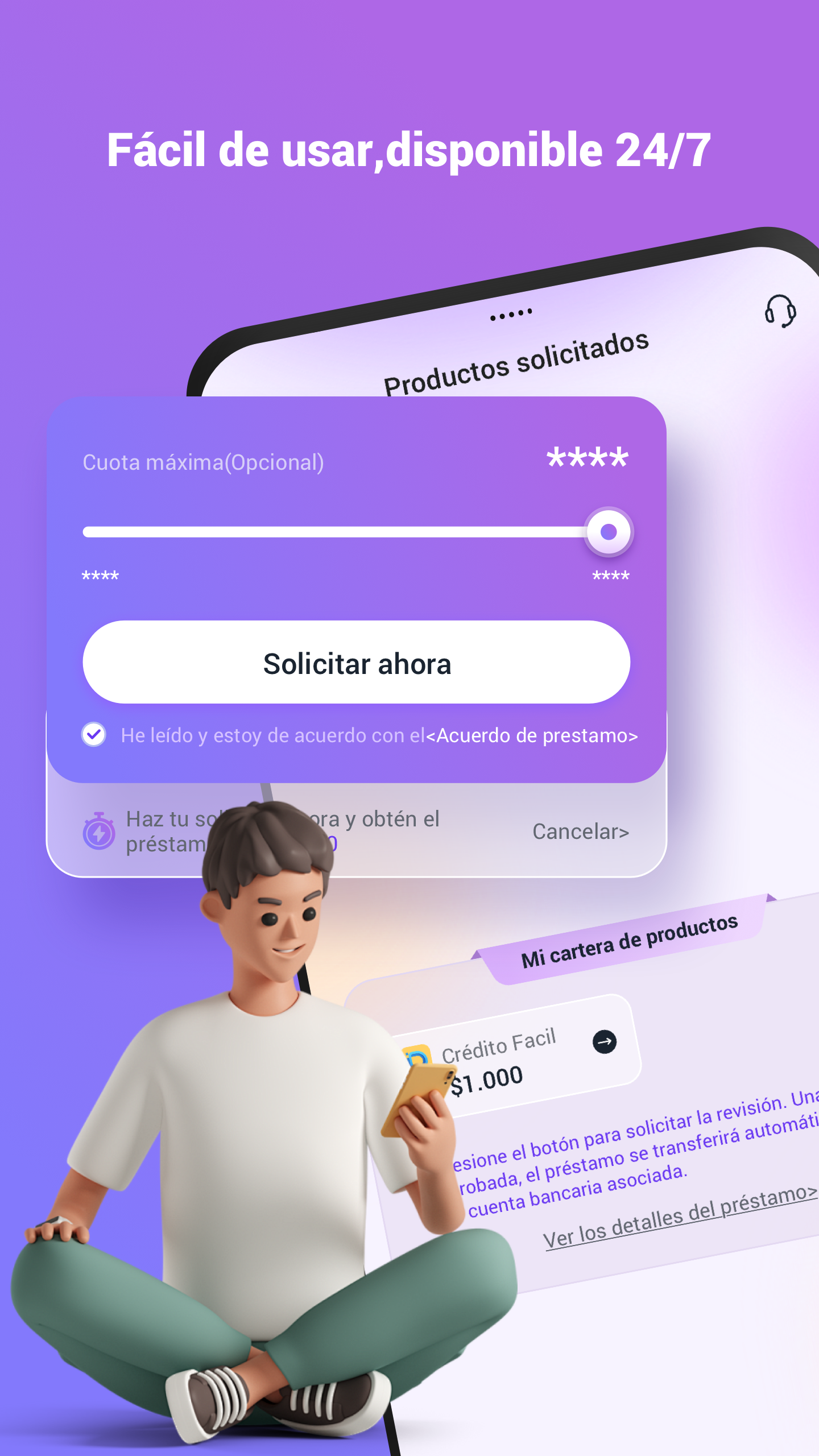 Loan dinero-Money Pro request screen, available around the clock