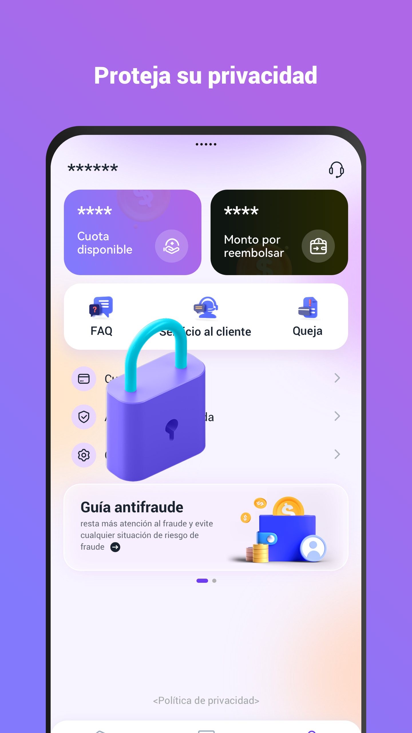 Loan dinero-Money Pro privacy screen with anti-fraud guide